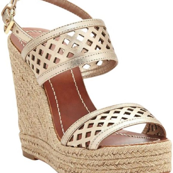 Tory Burch Shoes - Tory Burch thatched metallic gold wedge 110mm 9